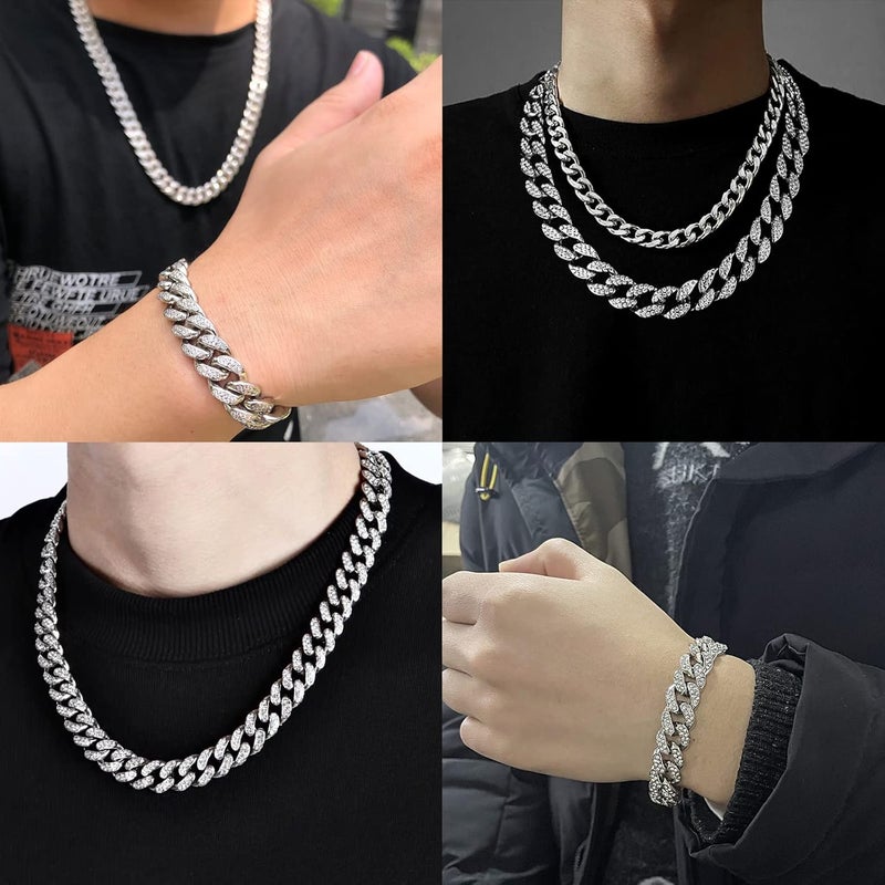 GIHENHAO Cuban Link Chain for Men,Silver Necklace and Bracelet,Miami Cuban Chains,Bling Diamond Chain for Hip Hop Jewelry - Image 4